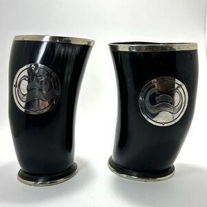 Set‎ of 2 Viking Drinking Horn Mugs – 6" Black Resin w/ Silver Rims